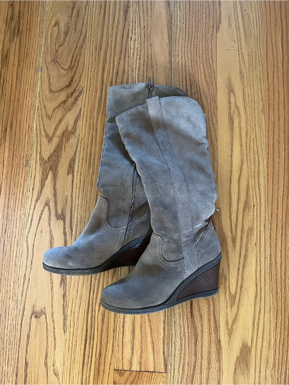Suede Wedge Knee-High Boots in taupe